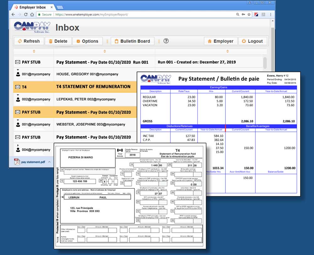 eNETInbox screen with sample pay statement and T4