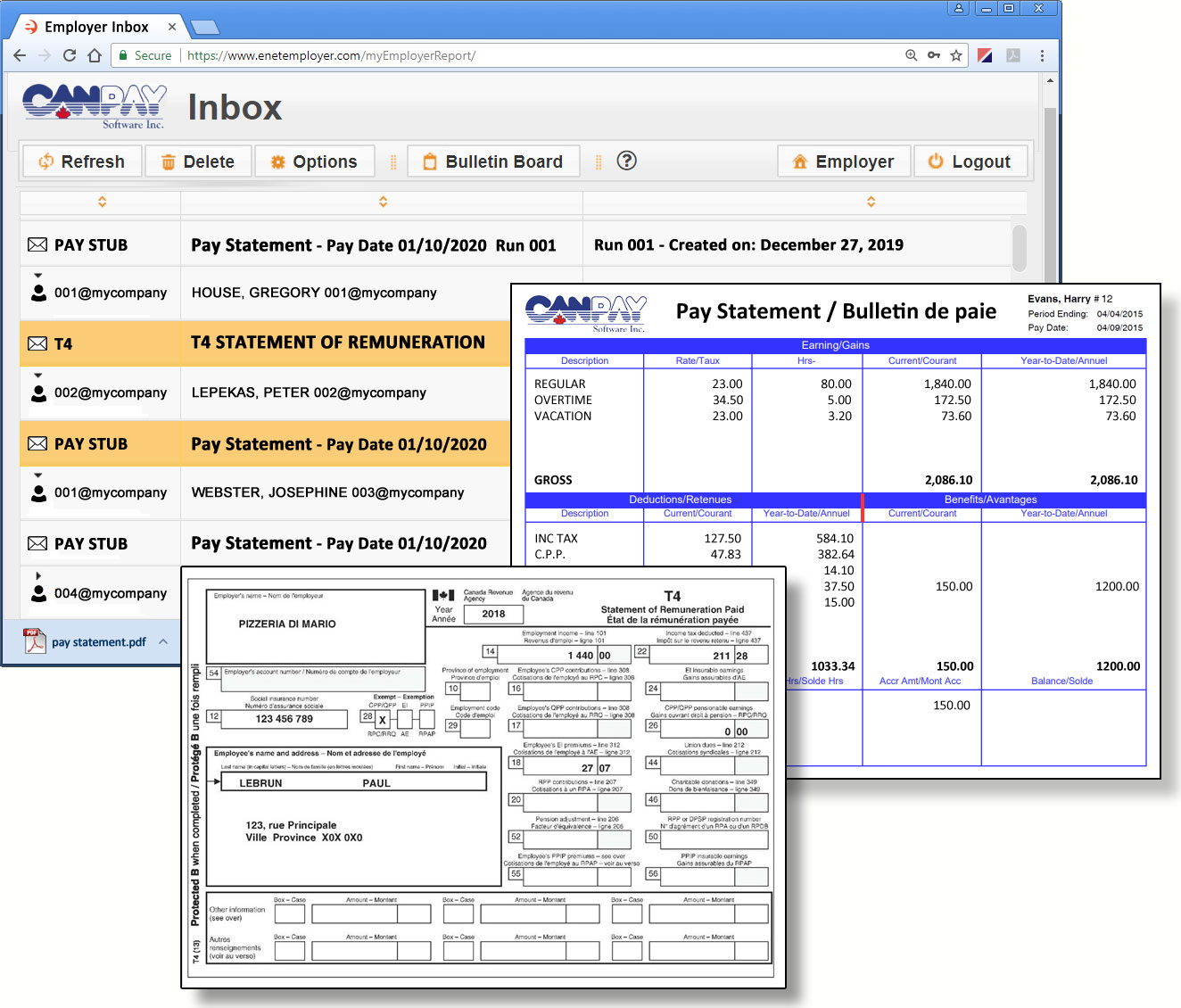 eNETInbox screen with employee pay stubs